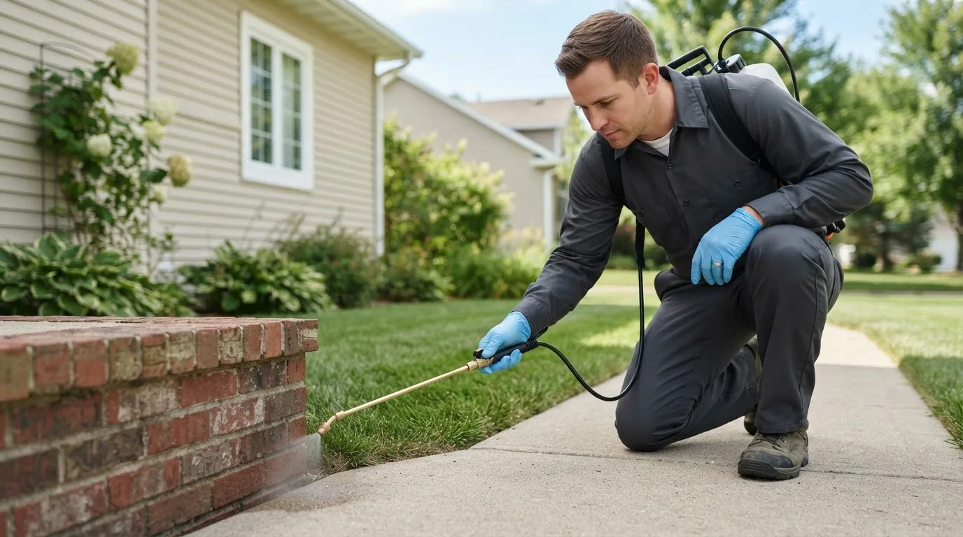 Pest control technician treating a home near Valley Center, KS