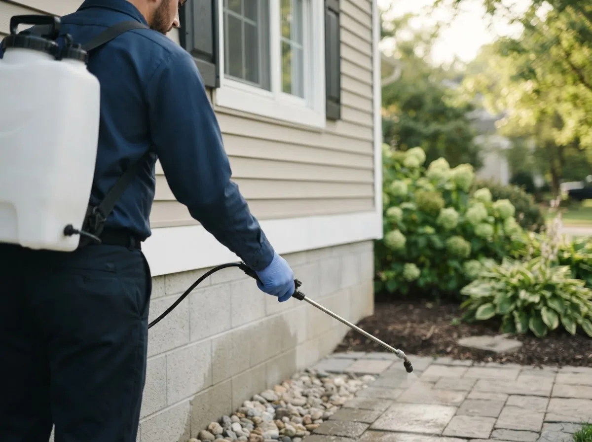 Pest control technician inspecting a home in Valley Center, KS